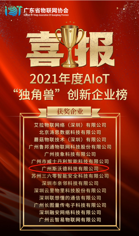 再摘殊荣！斯沃德科技获“2021 AIoT独角兽创新企业奖”